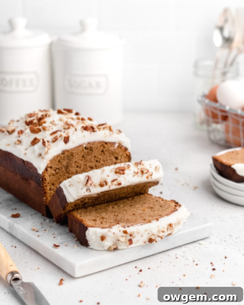 This Gingerbread Loaf Cake is spiced with cinnamon, ginger, allspice, and molasses, and topped with a sweet, tangy cream cheese frosting