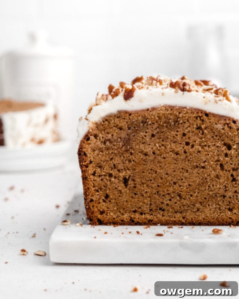 This Gingerbread Loaf Cake is spiced with cinnamon, ginger, allspice, and molasses, and topped with a sweet, tangy cream cheese frosting
