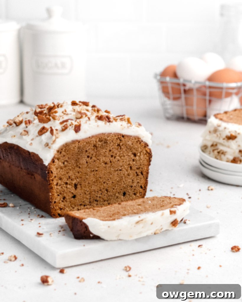 This Gingerbread Loaf Cake is spiced with cinnamon, ginger, allspice, and molasses, and topped with a sweet, tangy cream cheese frosting