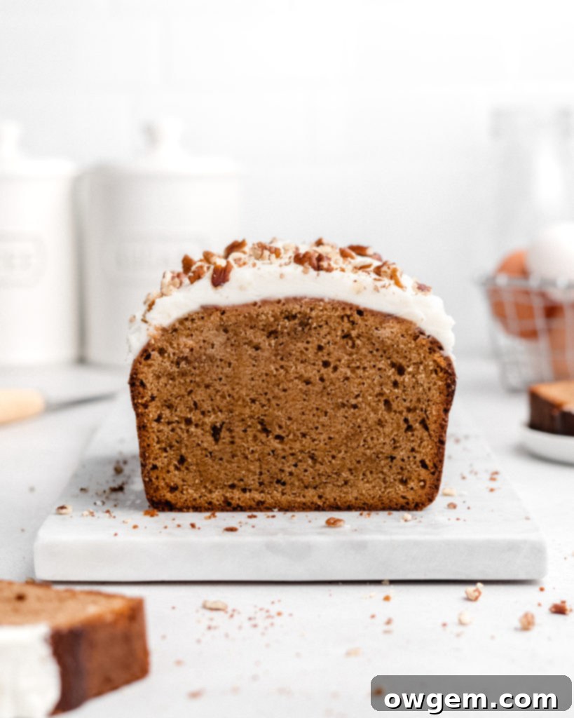 This Gingerbread Loaf Cake is spiced with cinnamon, ginger, allspice, and molasses, and topped with a sweet, tangy cream cheese frosting