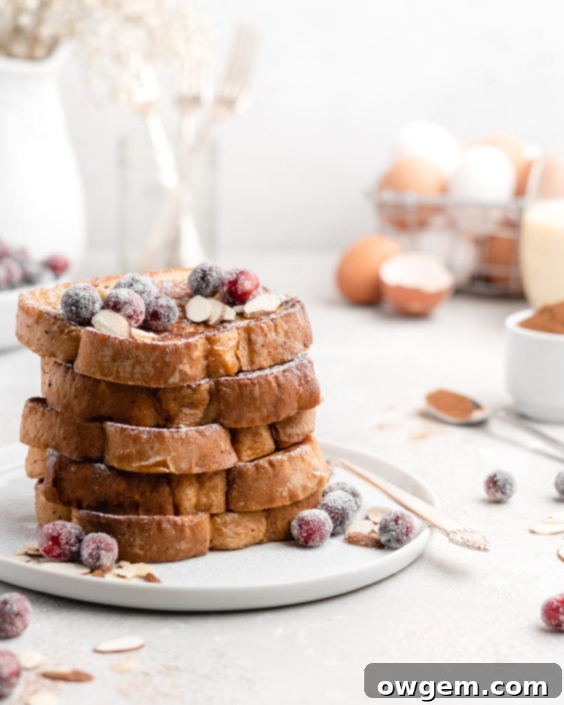 Spiced Eggnog French Toast with Bourbon-Infused Maple Syrup 5 This delicious Christmas-themed French Toast is soaked in an eggnog custard and topped with a buttered maple bourbon syrup