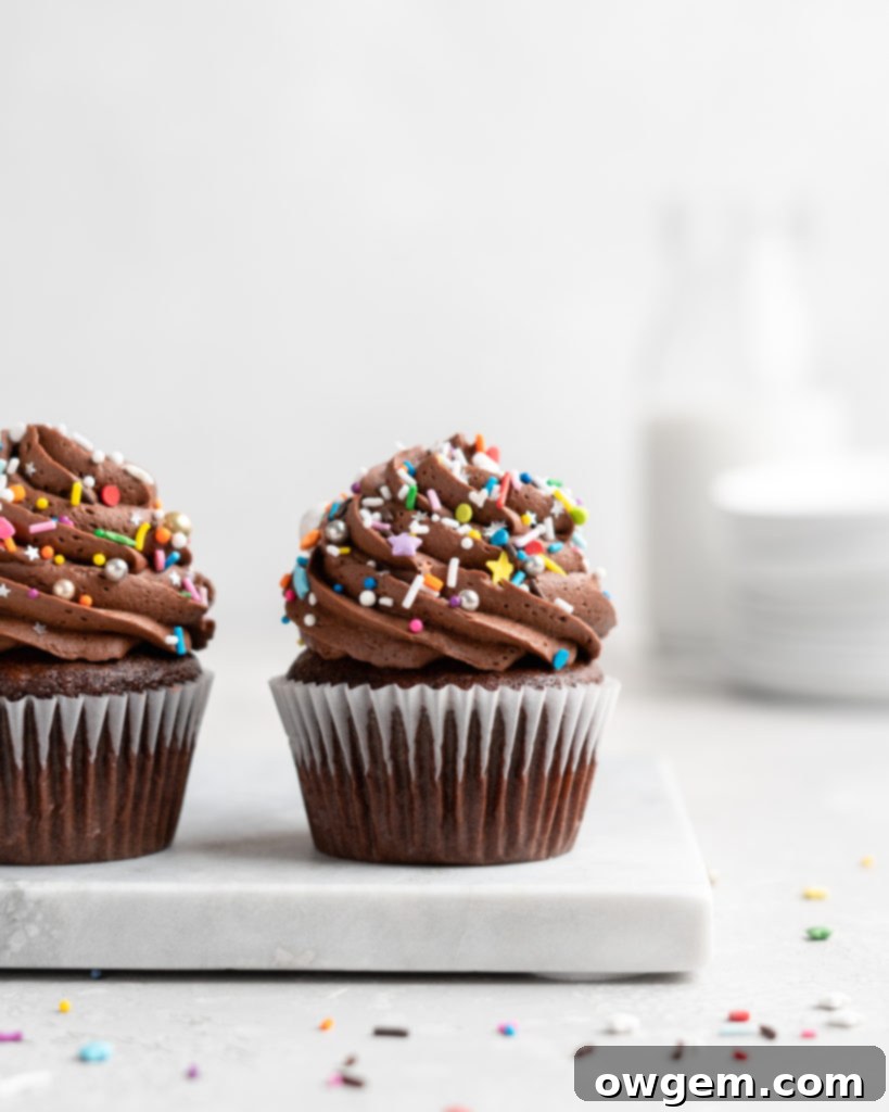 Moist, fluffy chocolate cupcakes with rich chocolate buttercream.