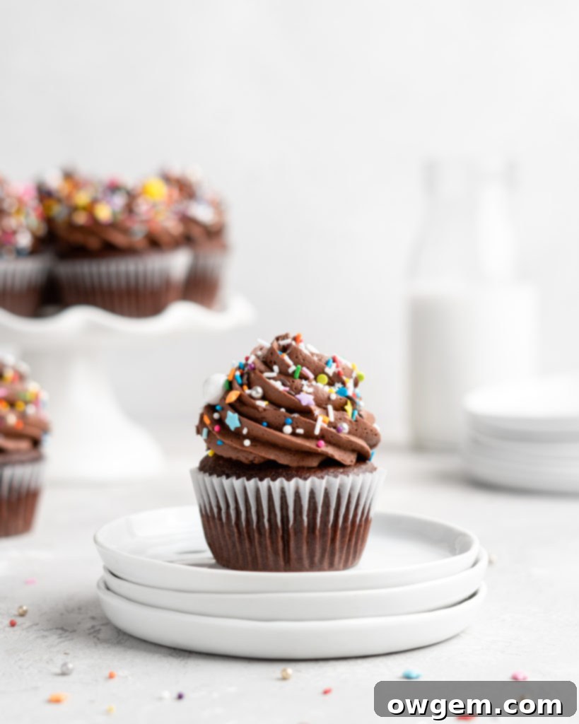 Close-up of a frosted chocolate cupcake, showcasing its rich texture.