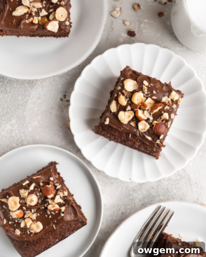 A side view of the moist, fudgy crumb of the Toasted Hazelnut Chocolate Sheet Cake, perfectly complemented by the rich Nutella frosting.