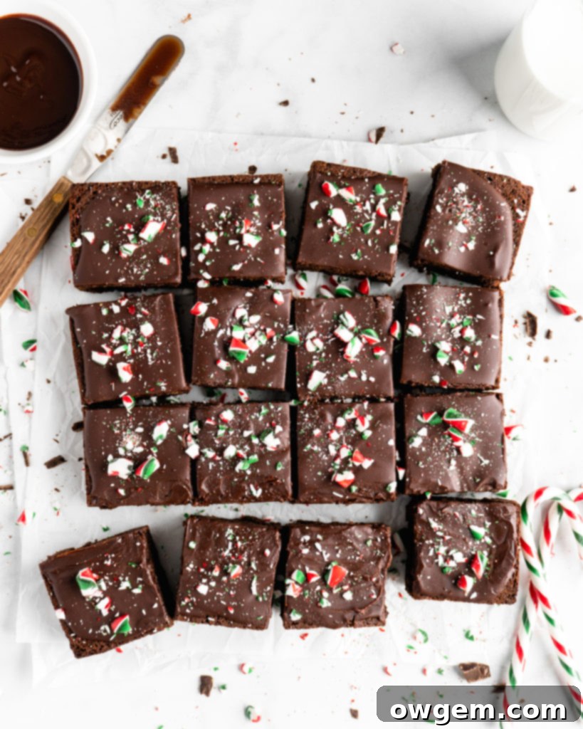 Rich and fudgy One-Bowl Peppermint Brownies topped with chocolate ganache and crushed candy canes for Christmas
