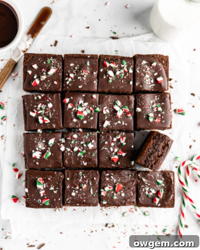 Two hands holding a piece of festive peppermint brownie with candy cane topping