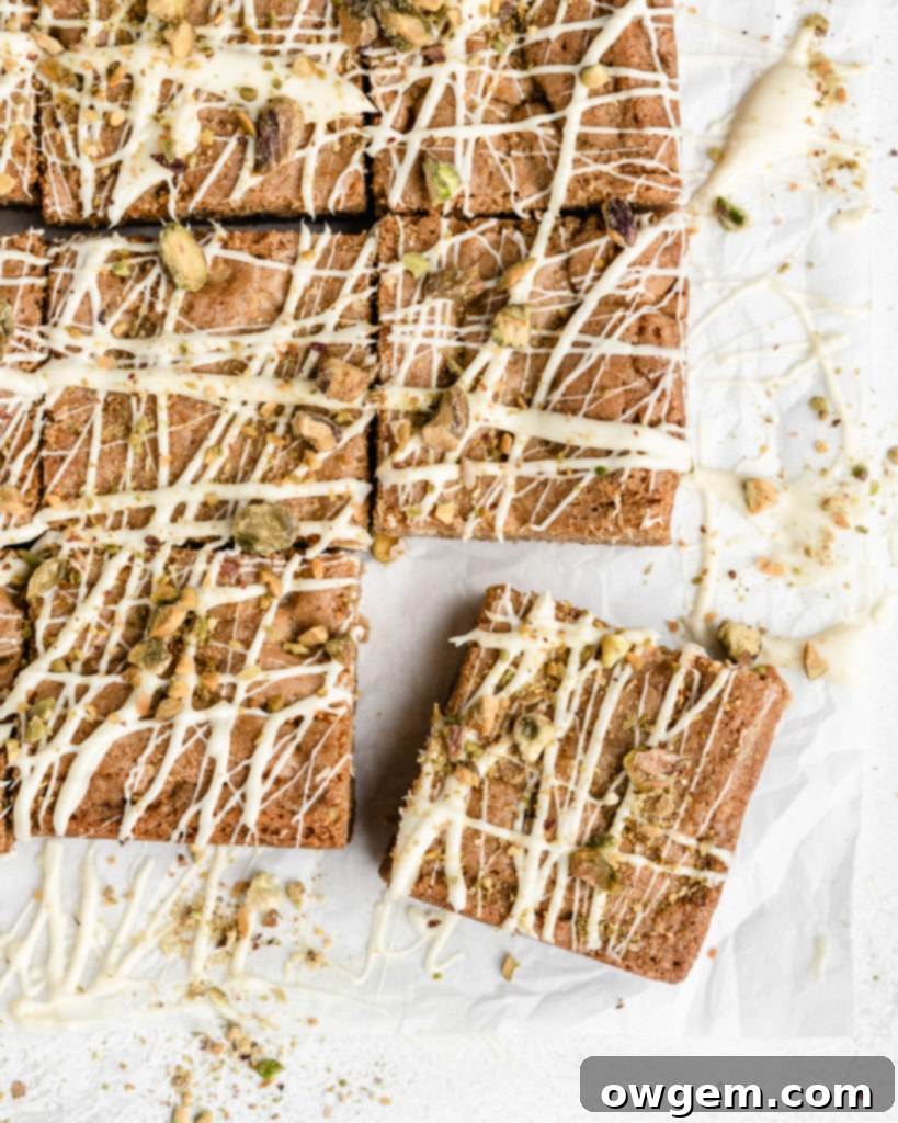Thick, chewy, and deeply sweet, these White Chocolate Pistachio Blondies are incredibly delicious