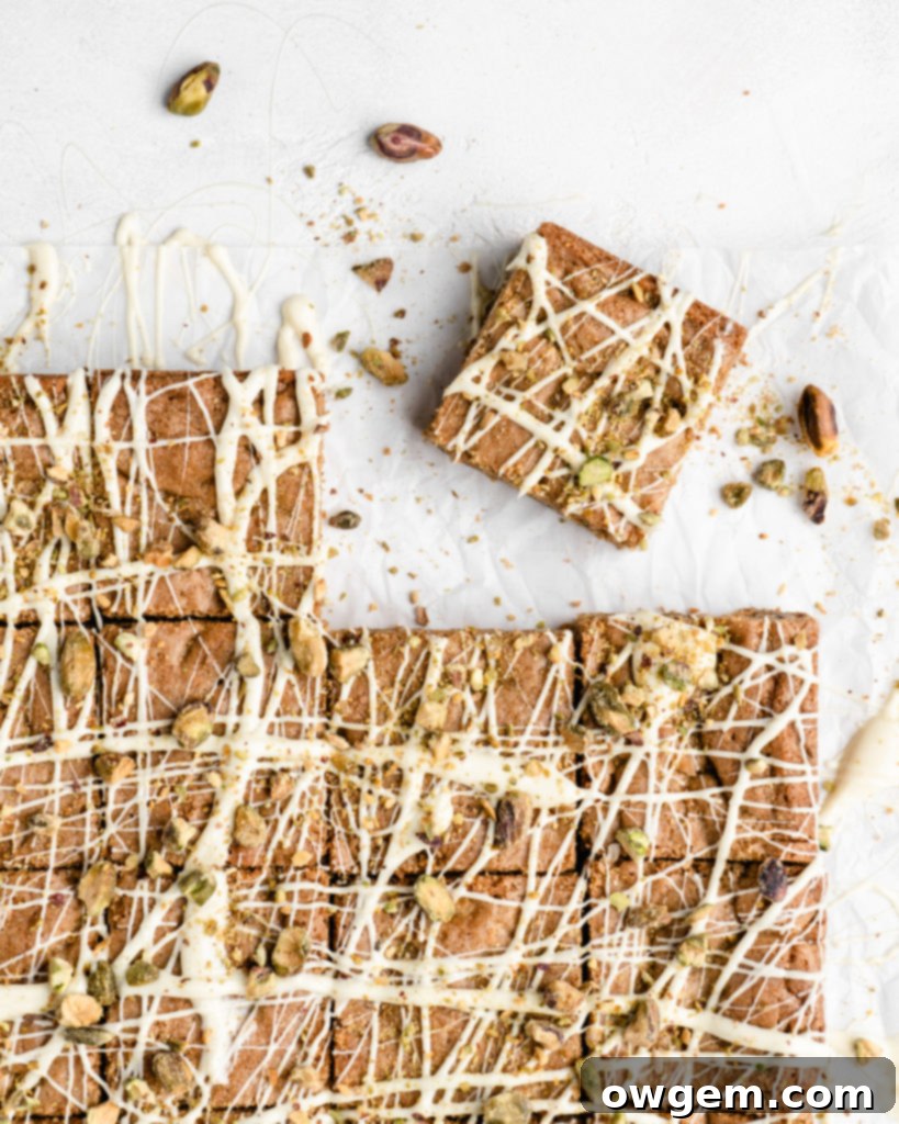 Thick, chewy, and deeply sweet, these White Chocolate Pistachio Blondies are incredibly delicious