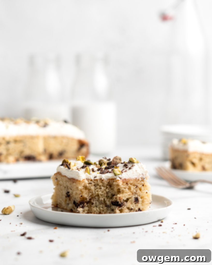 A stunning Cannoli Cake, richly topped with creamy whipped ricotta frosting and garnished with delicate chocolate shavings and vibrant crushed pistachios, ready to be served.
