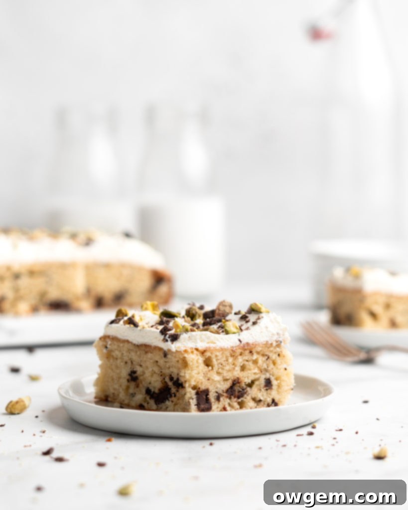A slice of the decadent Cannoli Cake, revealing its moist crumb, chocolate chips, and thick layer of whipped ricotta frosting.