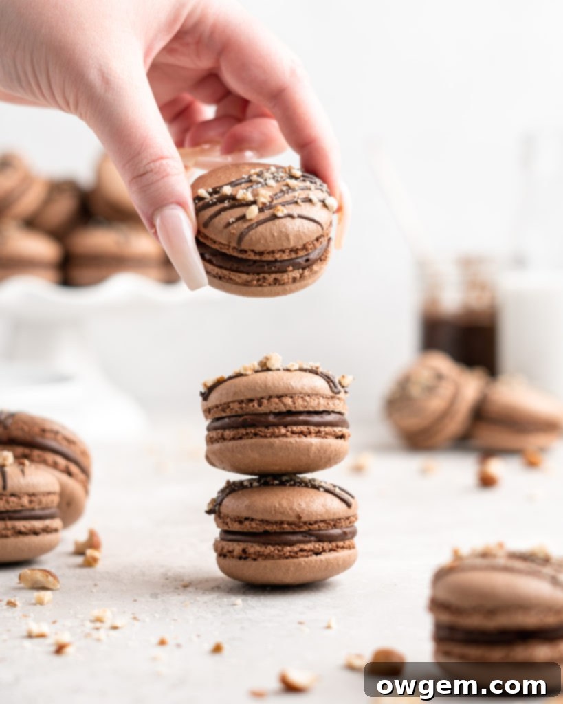 Chocolate macarons are filled with a delicious and easy to make Nutella Buttercream in these Nutella Macarons
