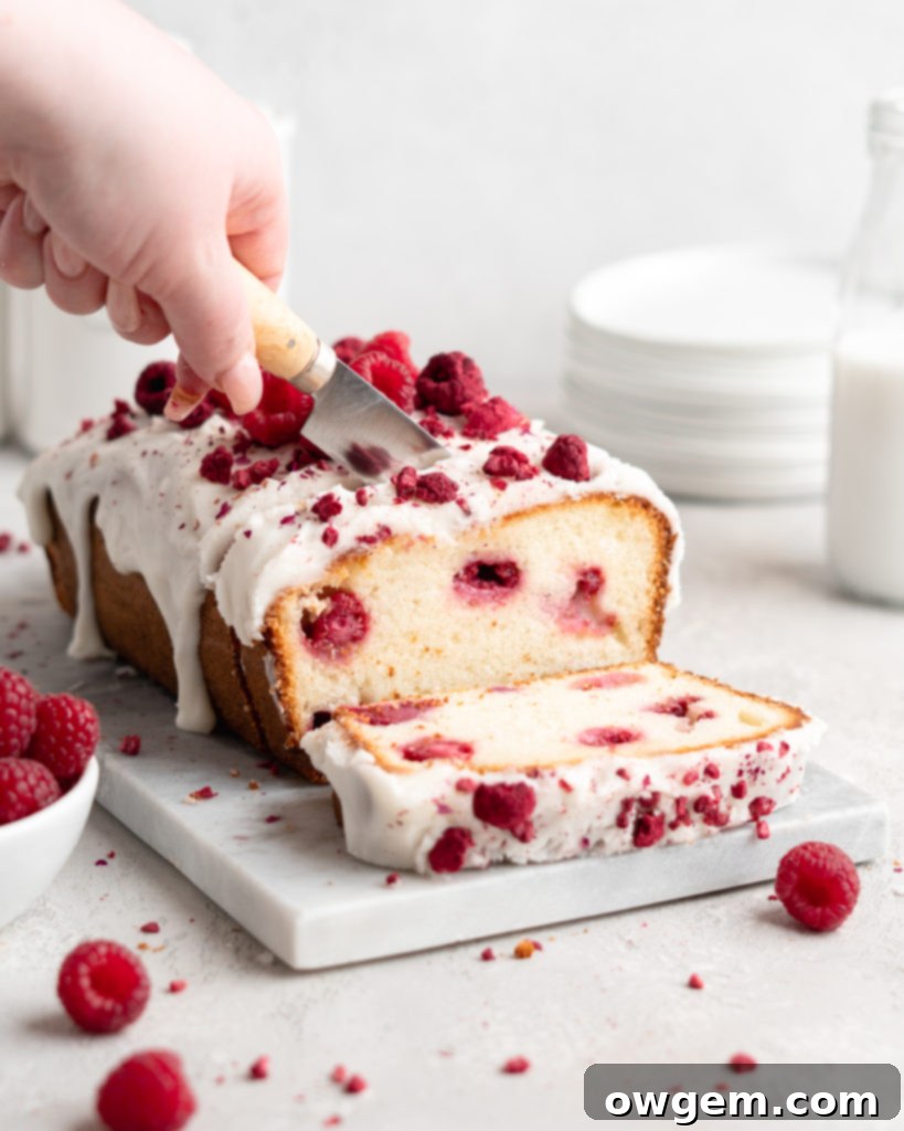 A close-up of the textured top of a Raspberry Rose Yogurt Loaf Cake, showing the gentle rise and delicate specks of raspberry.