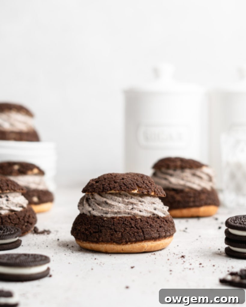 Cream Puffs topped with a chocolate craquelin, filled with an Oreo cheesecake filling