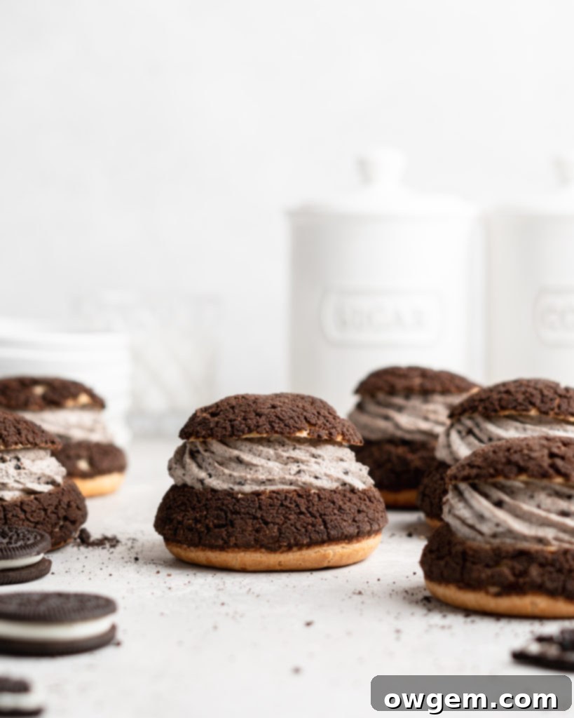 Cream Puffs topped with a chocolate craquelin, filled with an Oreo cheesecake filling