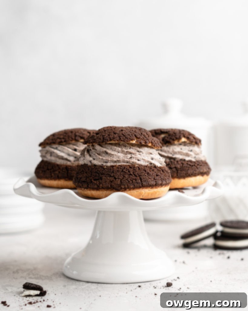 Cream Puffs topped with a chocolate craquelin, filled with an Oreo cheesecake filling