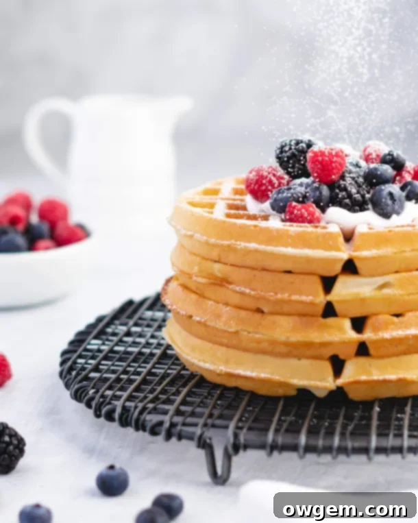 Close-up of golden brown Buttermilk Belgian Waffles stacked, ready to be served