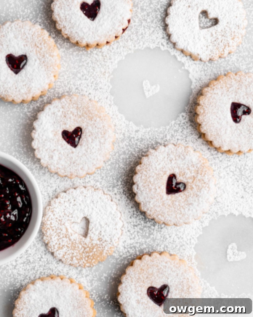 Delicate Linzer Cookies dusted with confectioners sugar and filled with vibrant raspberry jam, perfect for holidays