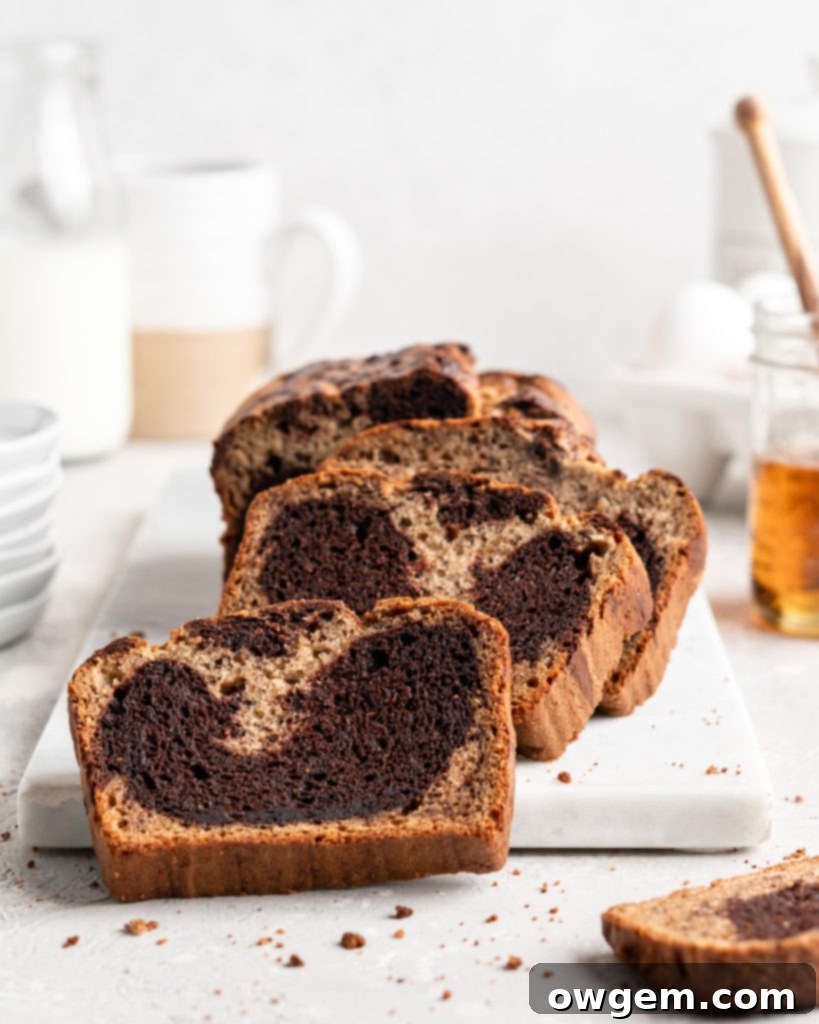 Half chocolate half traditional banana bread has a marble effect