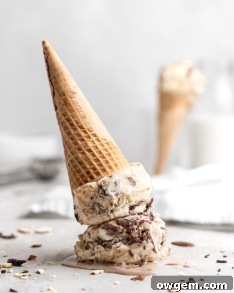 No churn almond ice cream is infused with a mocha swirl and full of chopped almonds, scooped into a cone