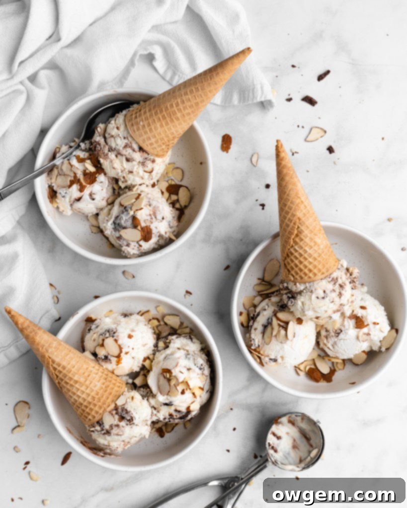 No churn almond ice cream is infused with a mocha swirl and full of chopped almonds, scooped into bowls
