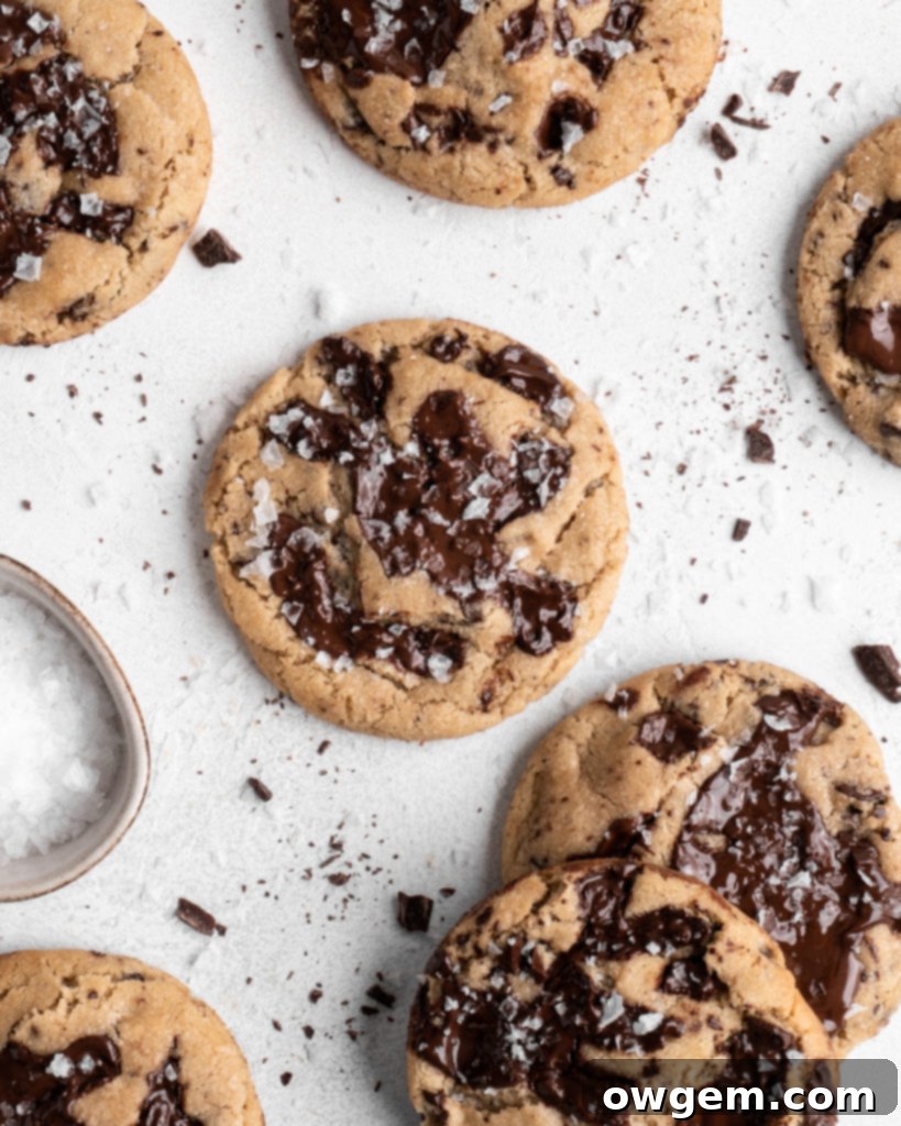 Close-up of a perfectly baked chewy brown butter chocolate chip cookie, showcasing its soft center, crispy edges, and melty chocolate pools.