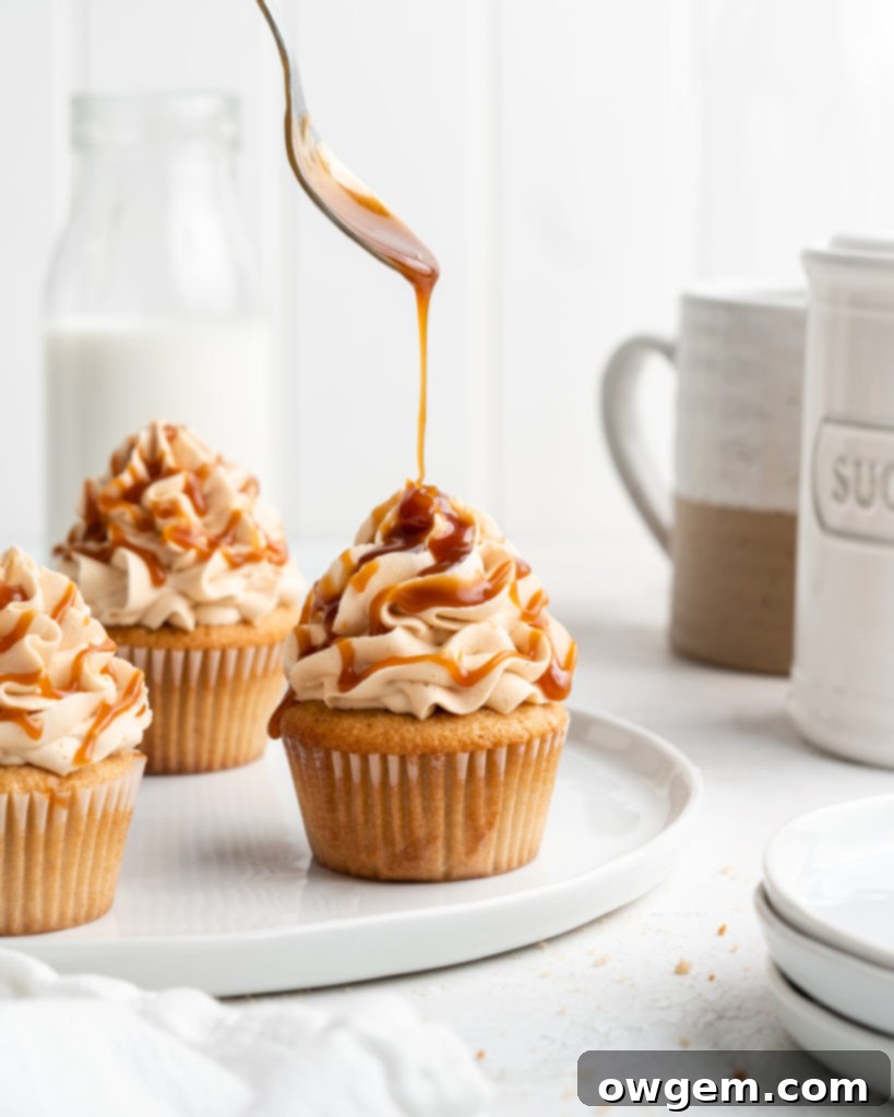 Earl Grey Cupcakes with Salted Caramel Buttercream are drizzled with more salted caramel
