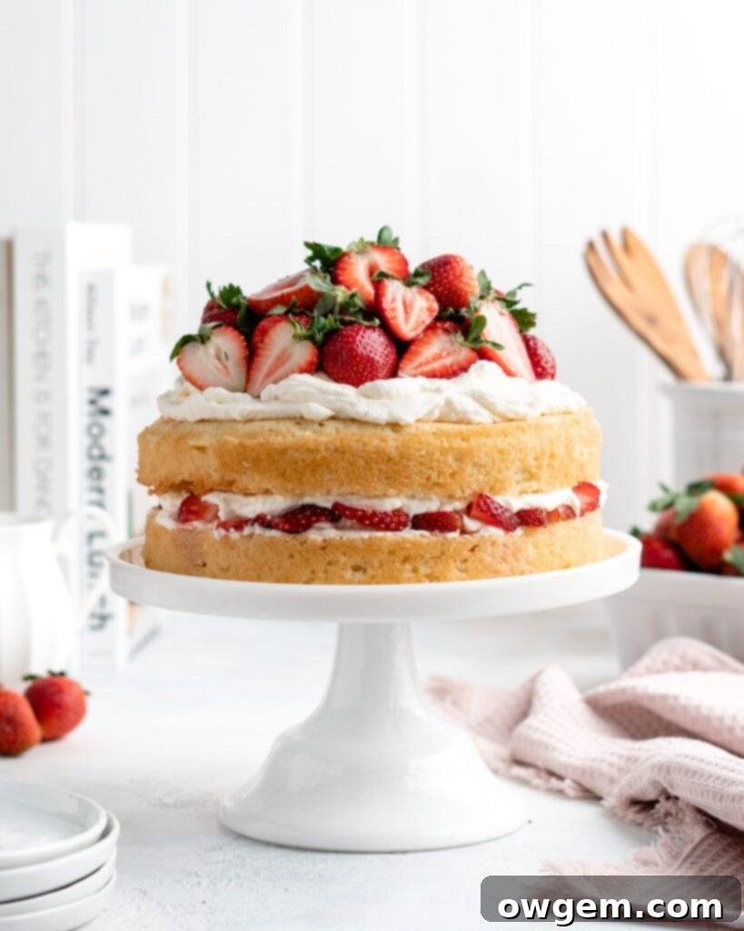 Layers of golden Victorian sponge cake, rich mascarpone whipped cream, and vibrant macerated strawberries assembled in a Strawberry Shortcake Layer Cake