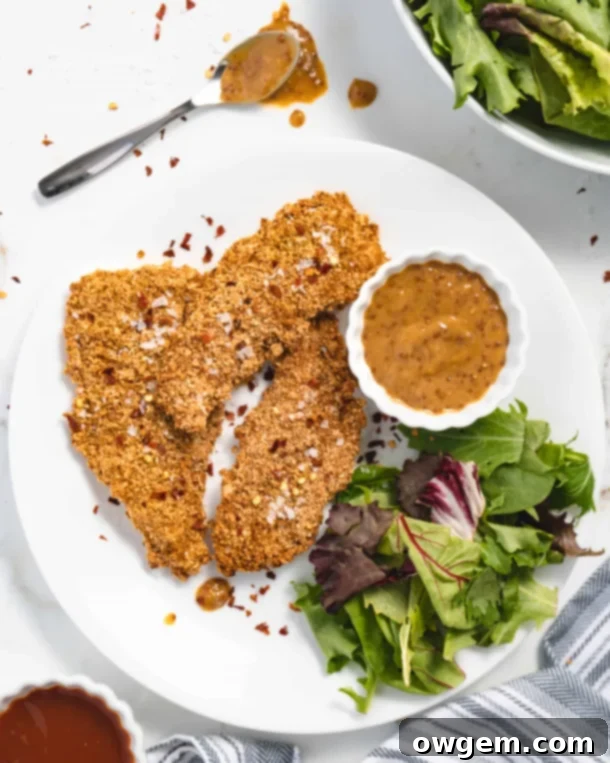 Crispy baked chicken strips marinated in buttermilk, served with a fresh salad.