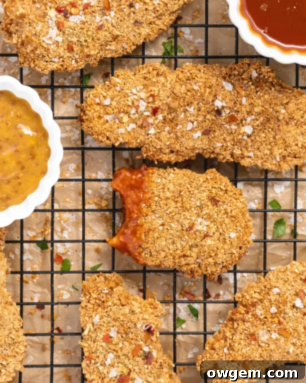 A close-up shot of a single crispy baked chicken strip, showing its golden texture.