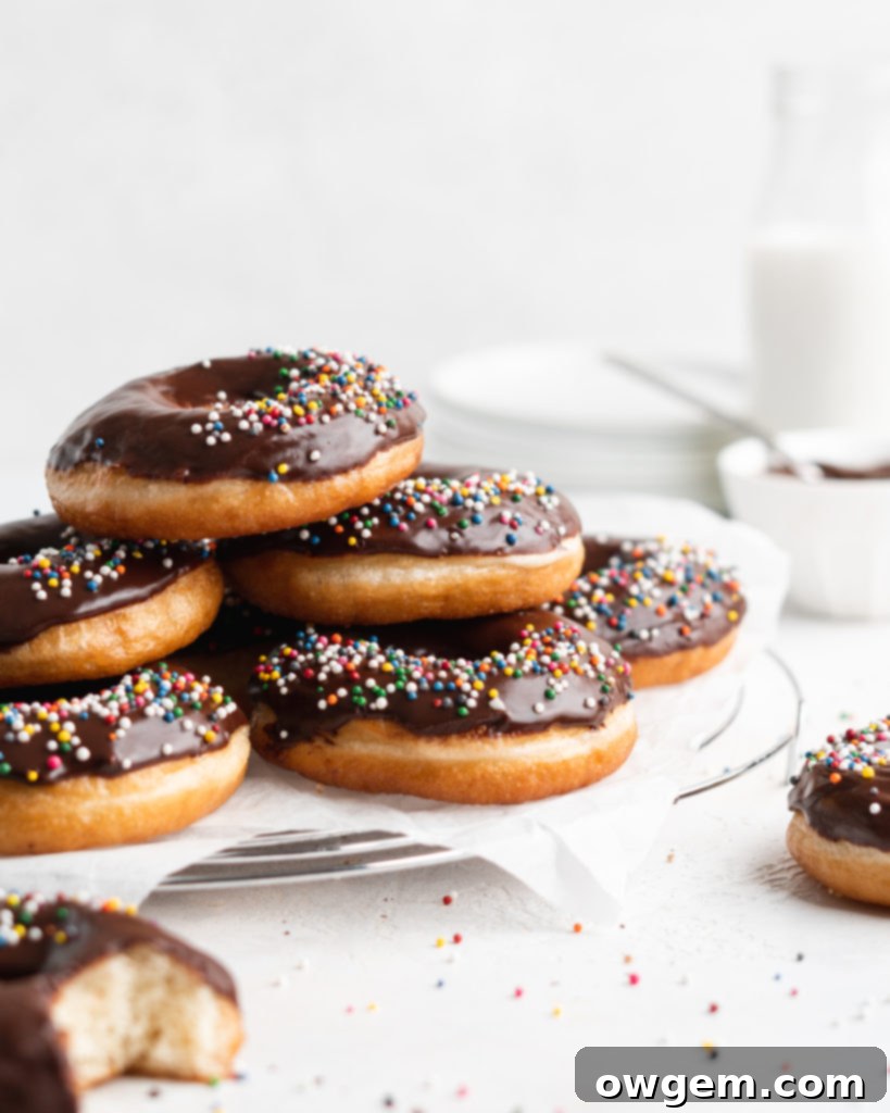 Fluffy golden fried yeast donuts are glazed with a shiny chocolate glaze and colorful round sprinkles