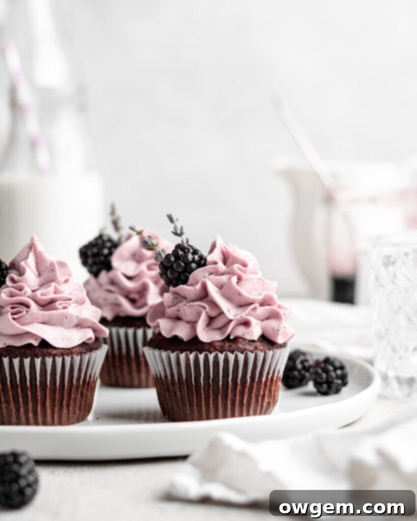 quick and easy chocolate cupcakes are topped with a creamy lavender blackberry buttercream frosting