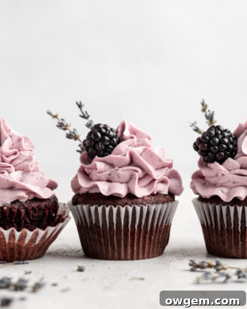 quick and easy chocolate cupcakes are topped with a creamy lavender blackberry buttercream frosting