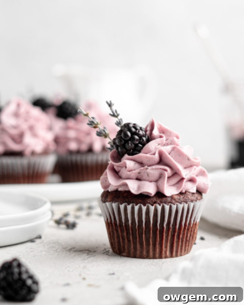 quick and easy chocolate cupcakes are topped with a creamy lavender blackberry buttercream frosting