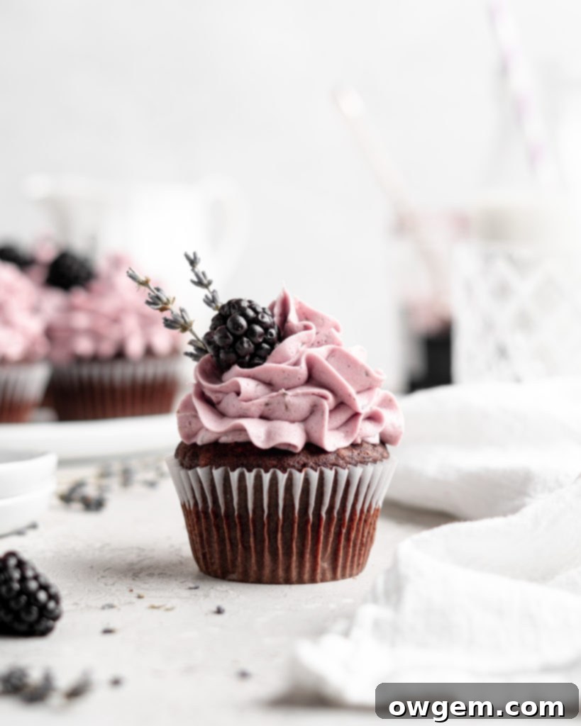 quick and easy chocolate cupcakes are topped with a creamy lavender blackberry buttercream frosting