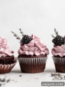 quick and easy chocolate cupcakes are topped with a creamy lavender blackberry buttercream frosting