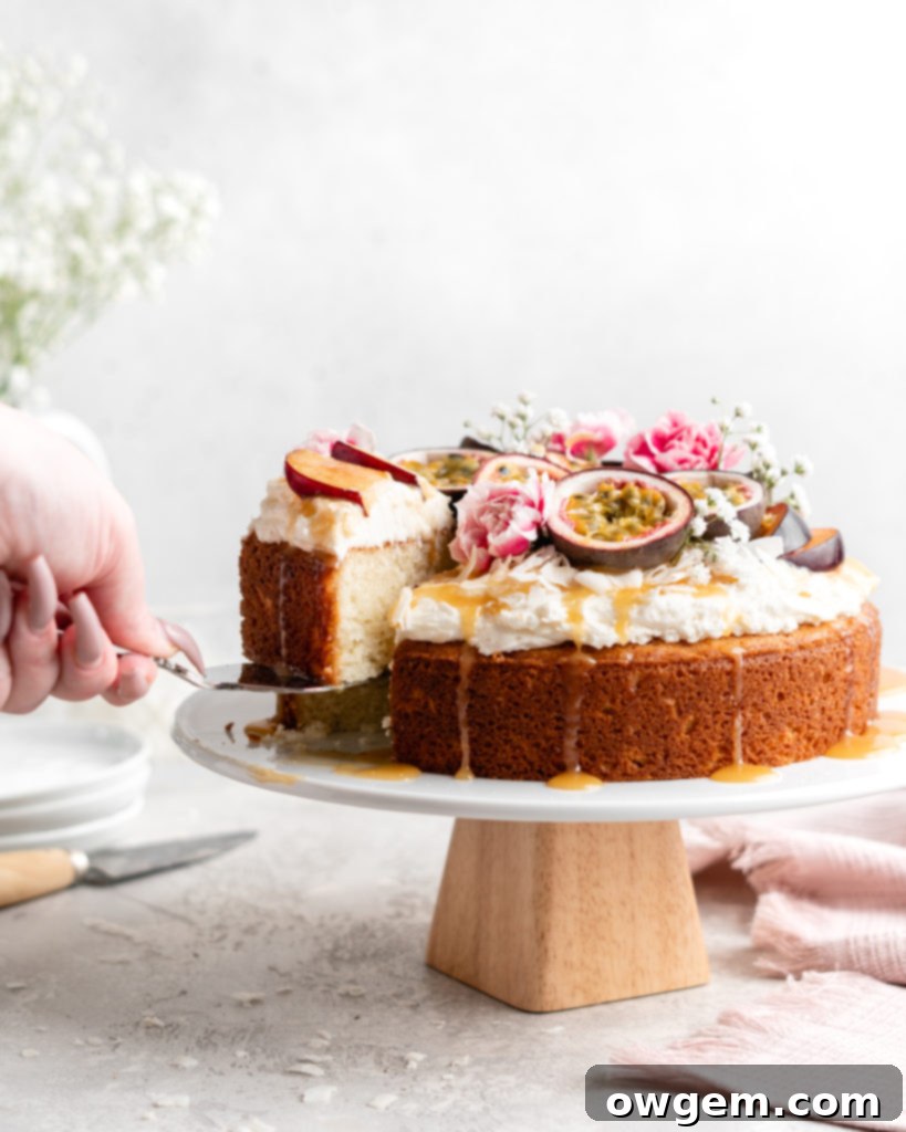 Moist, fluffy Triple Coconut Cake is topped with a creamy passion fruit caramel sauce