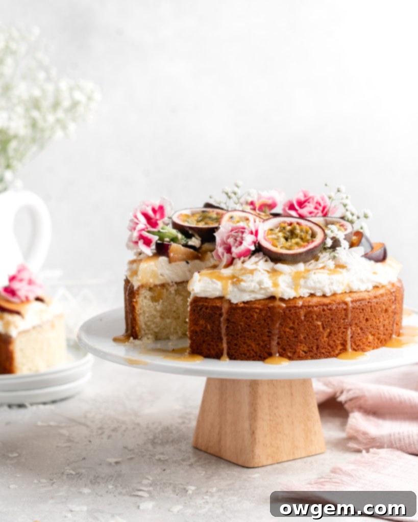 Moist, fluffy Triple Coconut Cake is topped with a creamy passion fruit caramel sauce