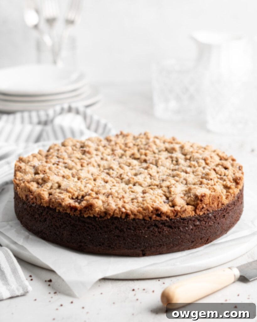 A slice of fluffy, moist chocolate cake featuring a generous layer of buttery, crunchy toffee streusel topping, garnished with fresh berries.