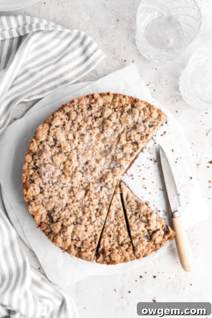 A cross-section of moist chocolate cake with a crunchy golden-brown toffee streusel topping, ready to be served.