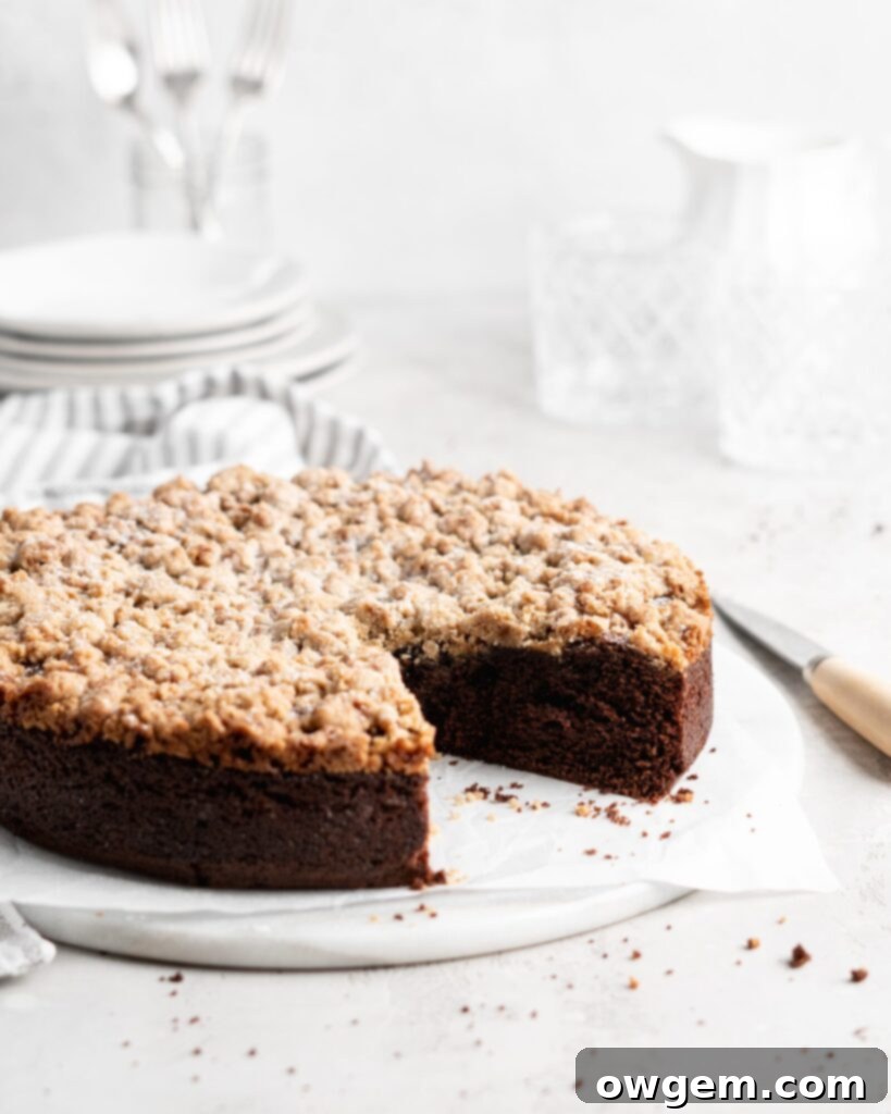 A whole Chocolate Toffee Crunch Cake cooling on a wire rack, showcasing the rich chocolate color and golden streusel.