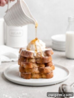 Thick slices of Grand Marnier infused buttermilk French Toast, topped with ice cream and syrup