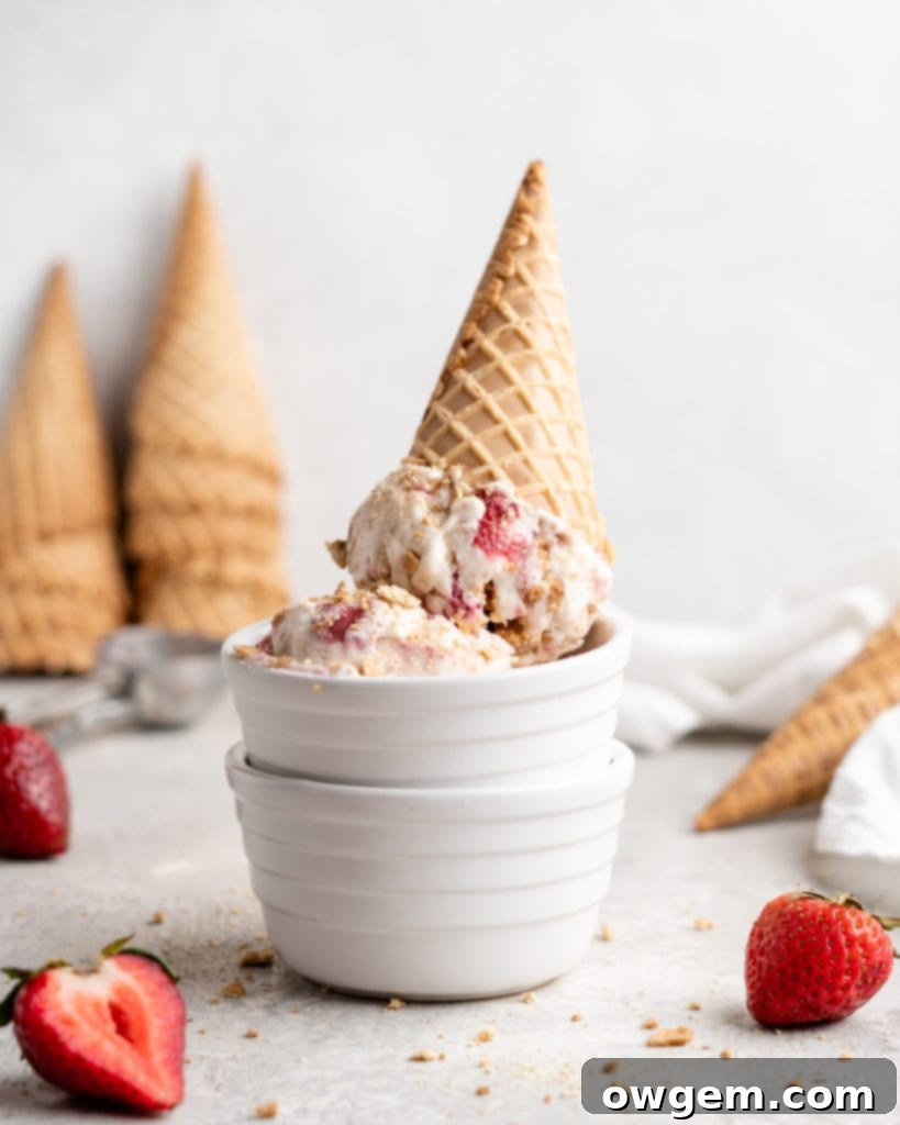 No Churn Strawberry Cheesecake Ice Cream in a bowl