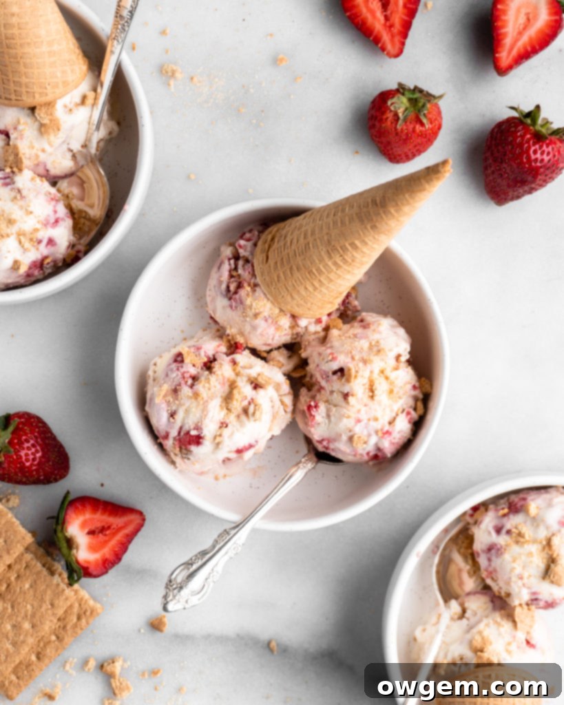 No Churn Strawberry Cheesecake Ice Cream in a bowl