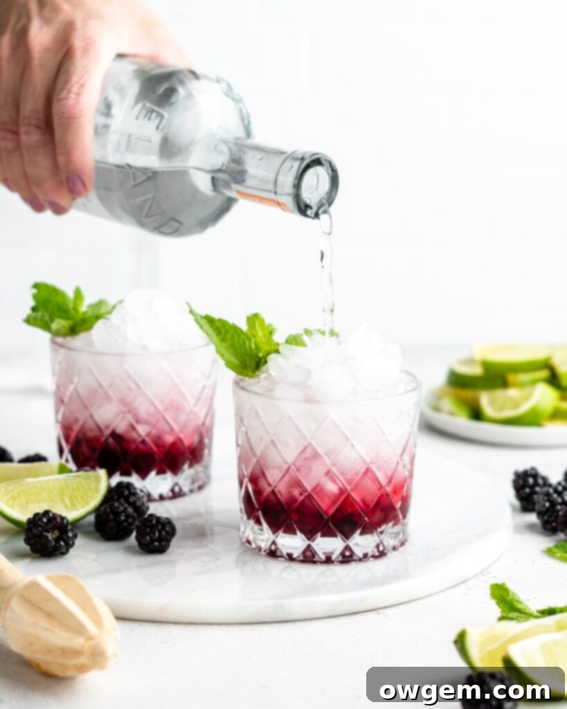 A tall glass of Blackberry Rhubarb Vodka Cocktail garnished with fresh mint and a lime wedge, sitting on a table outdoors.