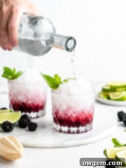 A vibrant Blackberry Rhubarb Vodka Cocktail with mint and lime garnish, presented in a tall glass.