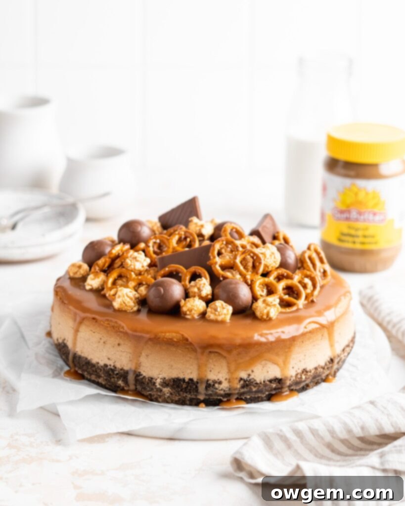 SunButter Cheesecake features a chocolate pretzel crust and is topped with a salted caramel sauce