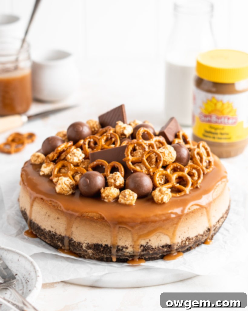 SunButter Cheesecake features a chocolate pretzel crust and is topped with a salted caramel sauce