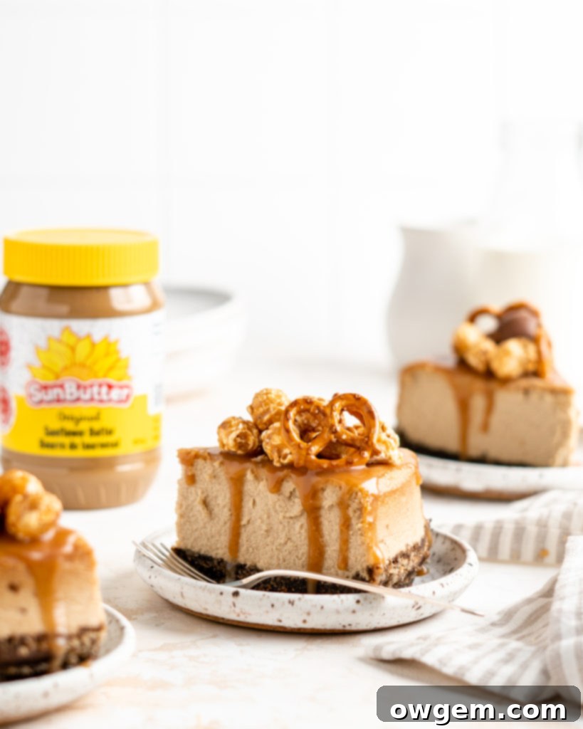 SunButter Cheesecake features a chocolate pretzel crust and is topped with a salted caramel sauce