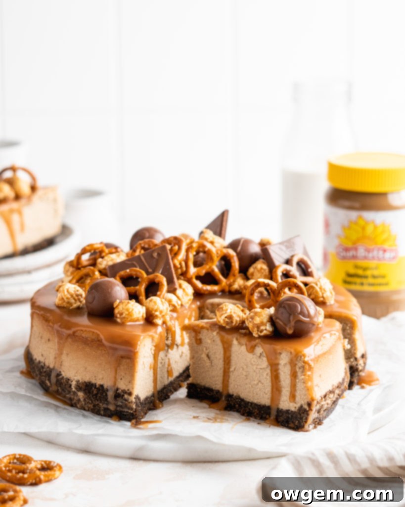 SunButter Cheesecake features a chocolate pretzel crust and is topped with a salted caramel sauce