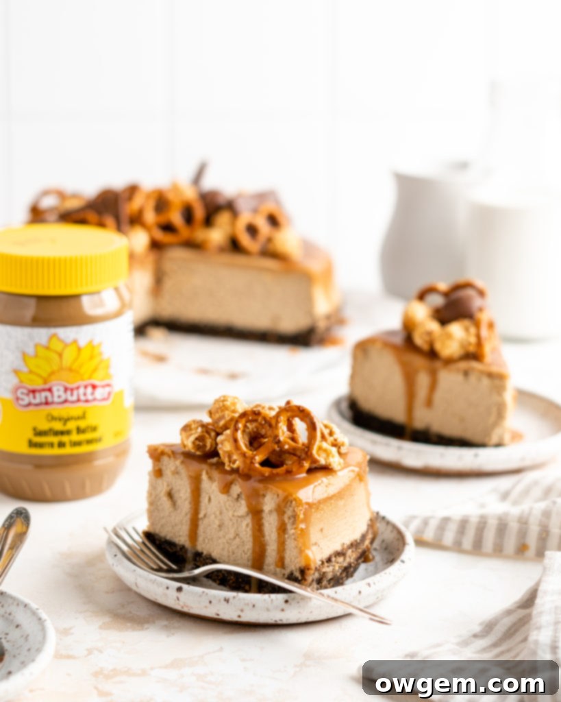 SunButter Cheesecake features a chocolate pretzel crust and is topped with a salted caramel sauce